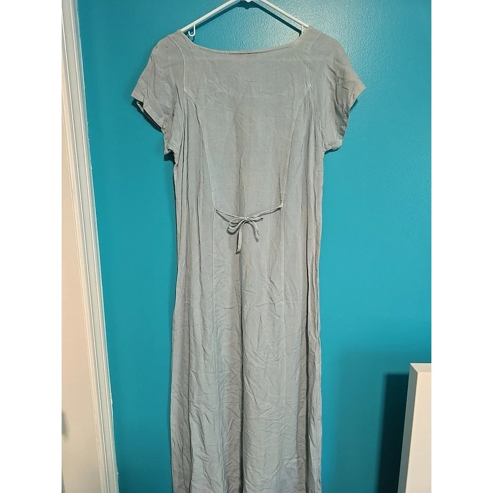 Vintage 1990s Sz Small Embroidered Maxi Dress Blue Sky Floral Tie Back Summer - Picture 5 of 10